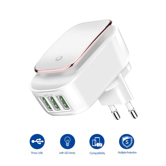 Travel Wall Charger 5V 3.4A (Max) 3-Port LED Night Lamp 17W Auto-ID Foldable Plug with EU&US USB Charger Adapter For Huawei/Sony/Samsung GALAXY S7 edge/S7/S6 Edge+/S6/Edge/S6/Note 5/iPhone X/8 Plus/8/6/6S/7 Plus/SE - Wood Metal Gadgets